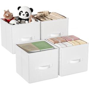 Cube Storage Bins, 11 Inch Fabric Organizers with Handles - Foldable Collapsible Storage Cubes for Shelves, Bedroom, Closet, Cabinet, Bookcase, or Office (White, Pack of 4)