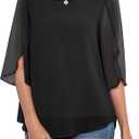 Neineiwu Womens Casual Scoop Neck Loose Top 3/4 Sleeve Chiffon Blouse Shirt Tops, Black, XL