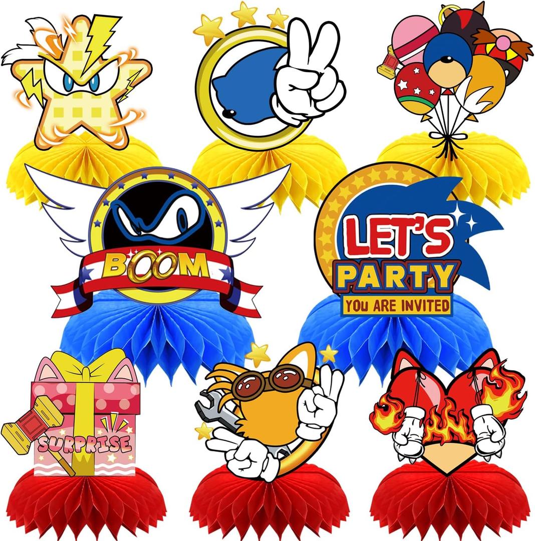 8Pcs Blue Hedgehog Party supplies set Honeycomb Centerpieces Double Sided Table Topper for Birthday Decorations