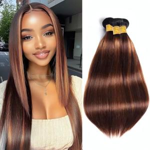 T1BP4/30 Dark Brown Bundles Ombre Light Brown Straight Human Hair 3 Bundles 12 14 16 Inch Unprocessed Brazilian Virgin Human Hair for Women Hair Extension Double Weft