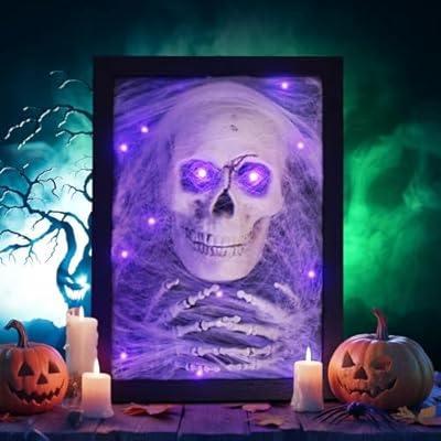 Halloween Wall Decor Indoor, Skulls Halloween Decor, Light Up Wall Skull Gothic Decorations Spooky Head Hand Ghostly Gauze Purple Lights Glow Indoor Decoration Home Horror Wall Table Art Party Favor