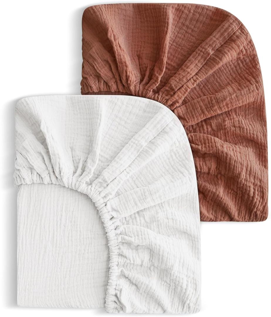 2 Pack Soft Muslin Baby Mini Crib Sheets, 100% Cotton Breathable Double Layer Fitted Sheets for Mini Crib and Pack N Play Mattresses 24x38 Inches, for Baby Girls and Boys (White & Brick)