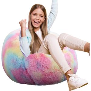 Fluffy Bean Bag Chair for Kids, 2.5FT Round Foam Filled Bean Bag for Teens & Kids, Ultra Soft Faux Fur Fabric Bean Bag Chairs for Playroom, Living Room, Bedroom, Rainbow (Small)
