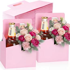 Jetec 50 Pcs 4 Cup Drink Carrier with Handle, Kraft Paperboard Beer Carrier, Disposable Drink Holder for Hot or Cold Drinks, 12-16 oz Bottle Holder for Food Delivery Beverages (Pink)