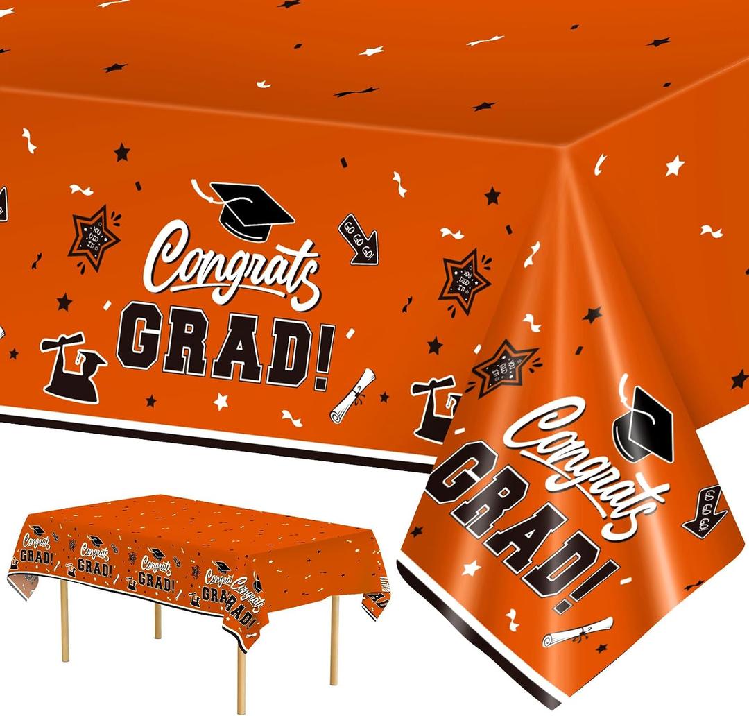2 Pack Orange Graduation Tablecloth - Congrats Grad Table Cloths, Plastic Disposable Rectangle Class of 2026 Table Cover for Graduation Tables Decorations Party Decor Supplies Favors,108 x 54 Inch