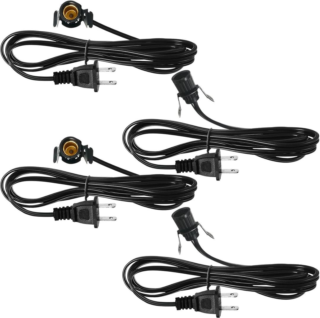 Macarrie 4 Pcs Clip in Lamp Cord with E12 Light Socket Single Lamp Replacement Cord for Holiday Christmas Village Accessories Decorations Switch Not Included, 6 Ft (Black)
