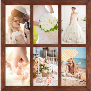 4x6 Oak Wood Picture Frames Collage Wall Decor Brown, Solid Oak Wooden Family Photo Collage Frame 6 Openings, Glass Front, Wall Hanging Display 6 4x6 Pictures (11.5x11.5-6 openings)