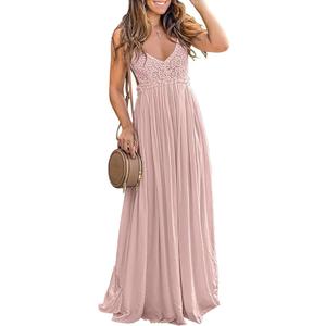 Ladmous Women's V Neck Floral Lace Wedding Dress Sleeveless Bridesmaid Evening Party Maxi Dress, Medium