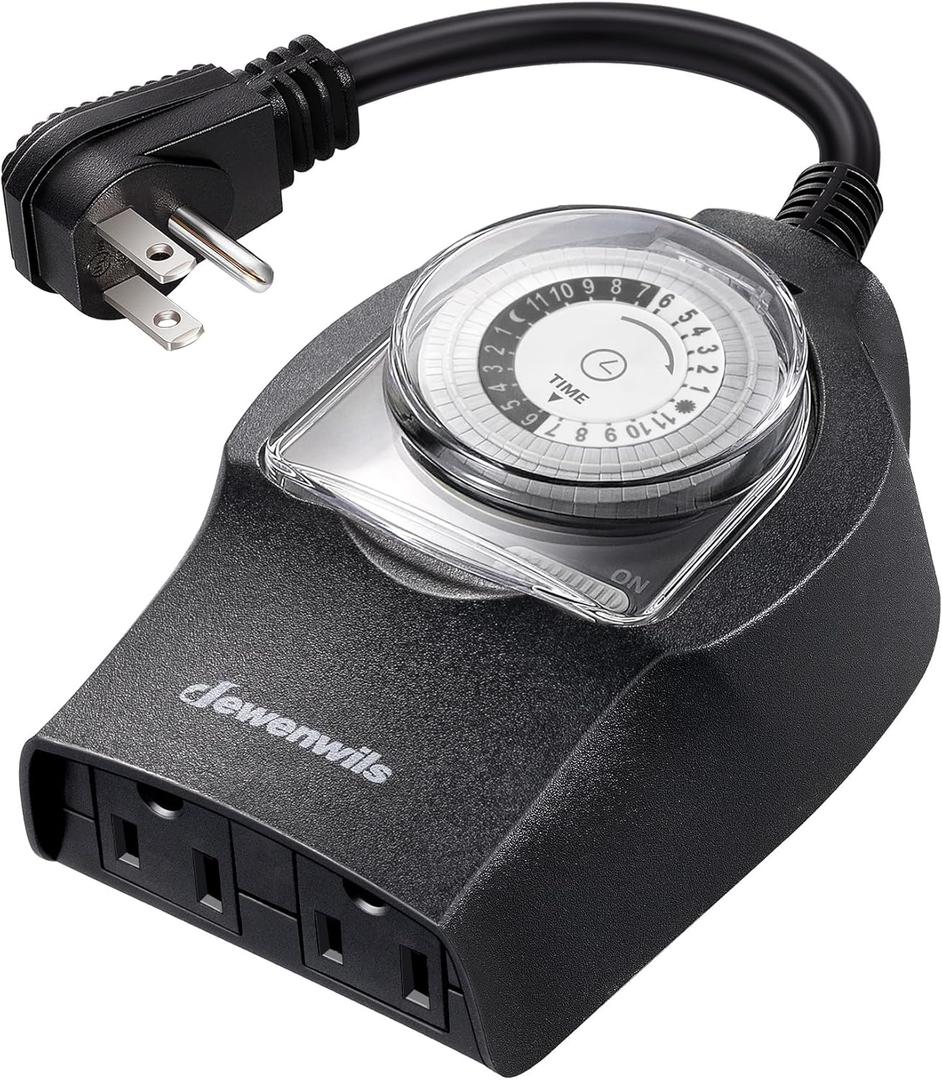 DEWENWILS 1 Pack Mechanical Light Timer for Outdoor Lighting, 24-Hour Plug in Timers, Heavy Duty Programmable Timer Switch with 2 Grounded Outlets for String Lights, 15A 1/2HP UL Listed