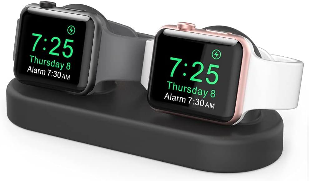 Delidigi Dual Charger Stand Holder Compatible with Apple Watch Ultra 3/2/1, SE 3/2/1, Series 11 10 9 8 7 6 5 4 3 2 1 (49/46/45/44/42/41/40/38mm) Silicone Double iWatch Charging Stand (Black, Charger Not Included!)