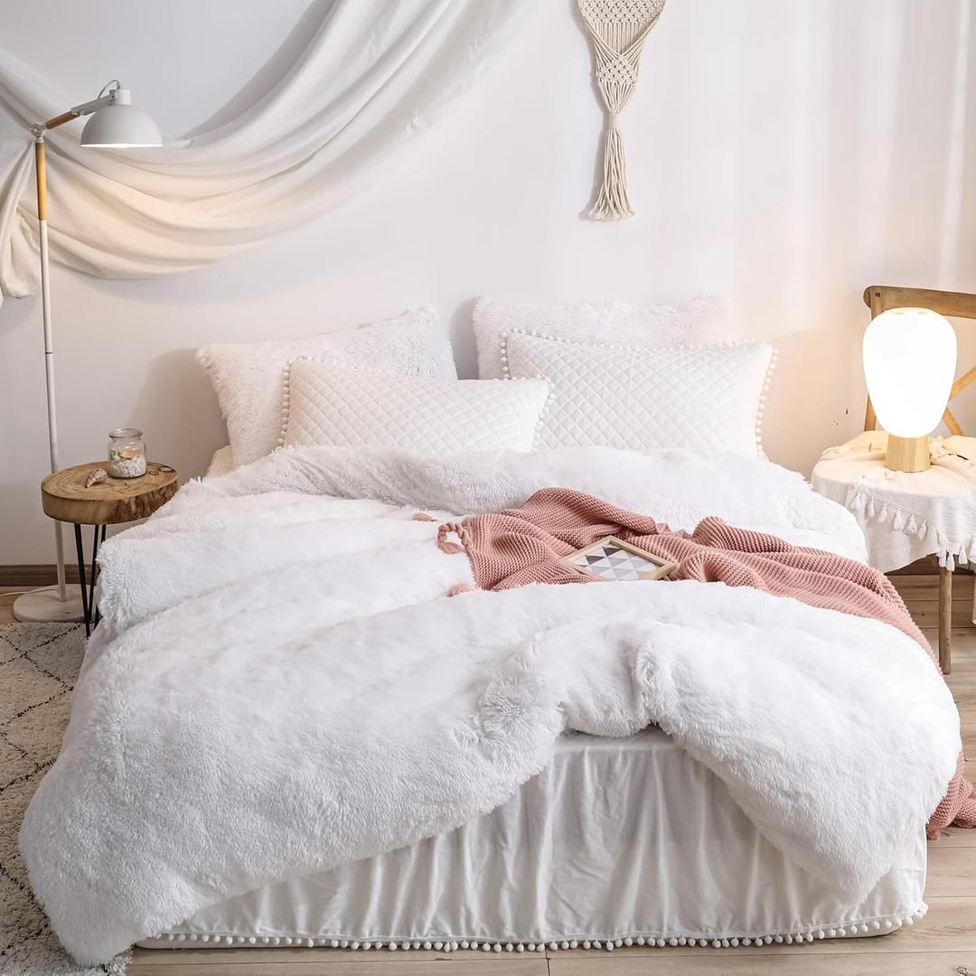 Fluffy White Comforter Cover King Set, Soft Fuzzy Shaggy White Bedding King Set 3 Pieces (1 Faux Fur Duvet Cover + 2 Plush Pillow Cases) Furry Bed Set, Zipper Closure