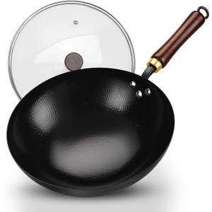 Carbon Steel Wok Pan, 12.6-Inch Nonstick Pre-Seasoned Woks & Stir-Fry Pans with Glass Lid, No Chemical Coated Wok Round Bottom Hand Hammered Chinese Wok for Induction, Gas, Electric & All Stoves