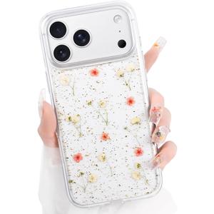 Peerok for iPhone 17 Pro Max Clear Case Natural Flowers Pattern, Cute Glitter Pink Floral Cases Slim Soft TPU Protective Women Girly 17 ProMax Phone Cover for 6.9Inch, Gypsophila Pink