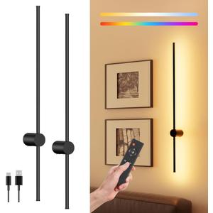 40" Battery Operated Wall Sconce, 10000mAh Rechargeable Wireless Sconces Set of 2, Dimmable Wall Sconces with Remote Control, 18 Color Modes Non Hardwired Wall Sconces, 10 Hours Using Time (Black)