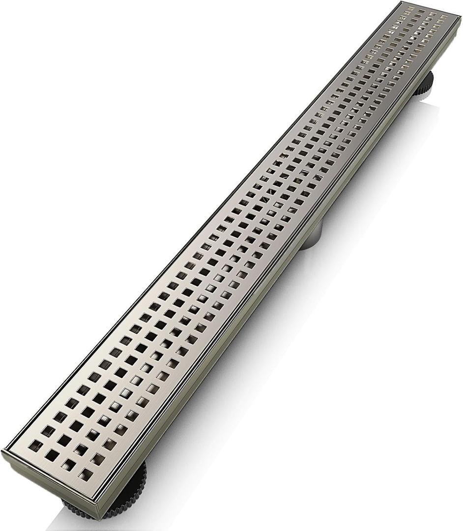 WEBANG 24 Inch Linear Shower Drain Rectangular Floor Drain with Accessories Square Hole Pattern Cover Grate Removable SUS304 Stainless Steel CUPC Certified Brushed Nickel