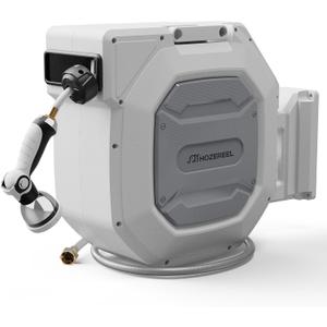 5/8" x 100 ft Heavy Duty Retractable Garden Hose Reel by HOZEREEL, Outdoor Garden Hose Reels - Self Retract Wall Mount Hose Reel Automatic Storage, 10 Pattern Nozzle, Grey