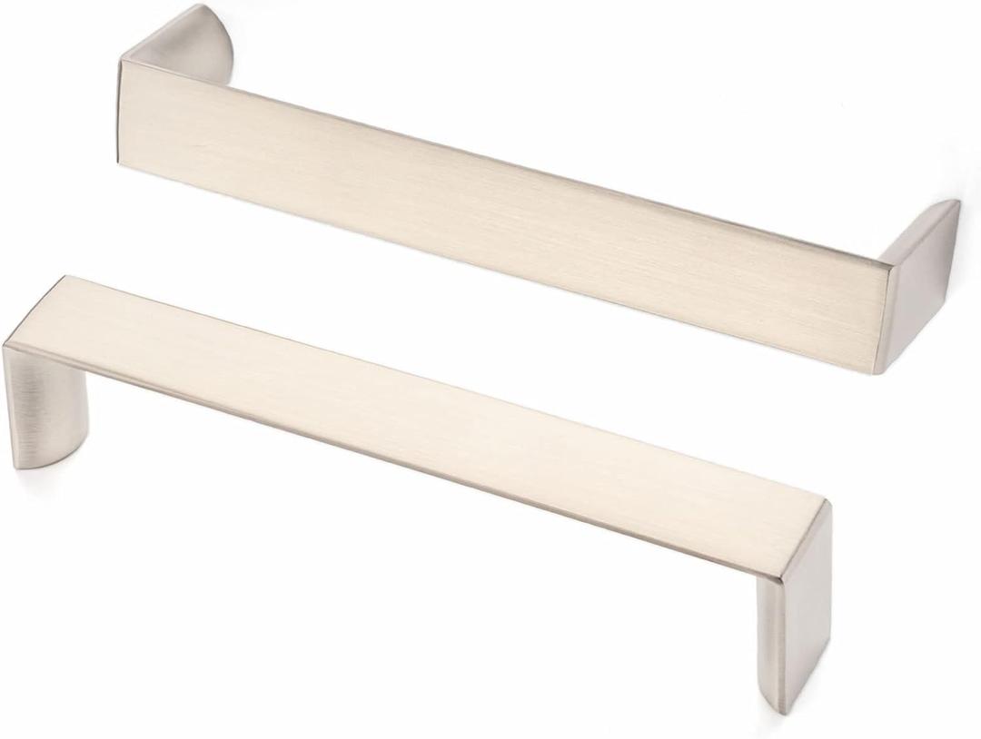 5 Inch Screw Spacing, Brushed Nickel Wide Flat Modern Pulls, Kitchen Cabinet Handles, Pack of 10 | Solid Furniture Hardware for Cupboard Door Bedroom Dresser Drawer Bathroom Vanity 1648