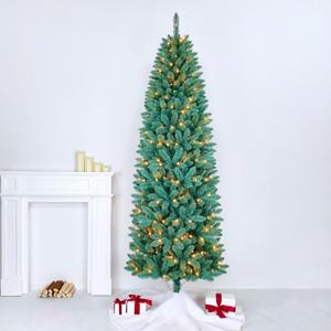 7.5FT Prelit Slim Artificial Christmas Tree with 843 Branch Tips, 300 Warm White LED Lights and Metal Stand, Realistic Skinny Pencil Blue Spruce Christmas Tree for Holiday Dcor
