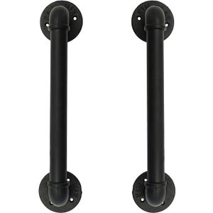 FOYO Set of 2 Industrial Pipe Door Pull Handle, Grab Bar, Towel Bar, Antique Rustic Cast Iron Handrail - Matte Black, 1-1/4"Diameter Pipe, 15 Inch