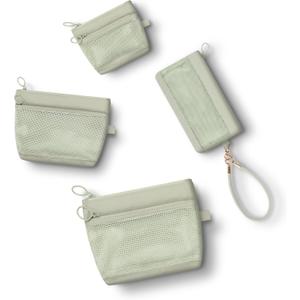 GIVLEFLY 4PCS Small Storage Bag Set, Mesh Zipper Pouch Organizer with Wristlet Keychain, Coin Purse Card & ID Holder, Portable Mini Cosmetic Bag, Bag in Bag Purse Organizer for Travel,Green