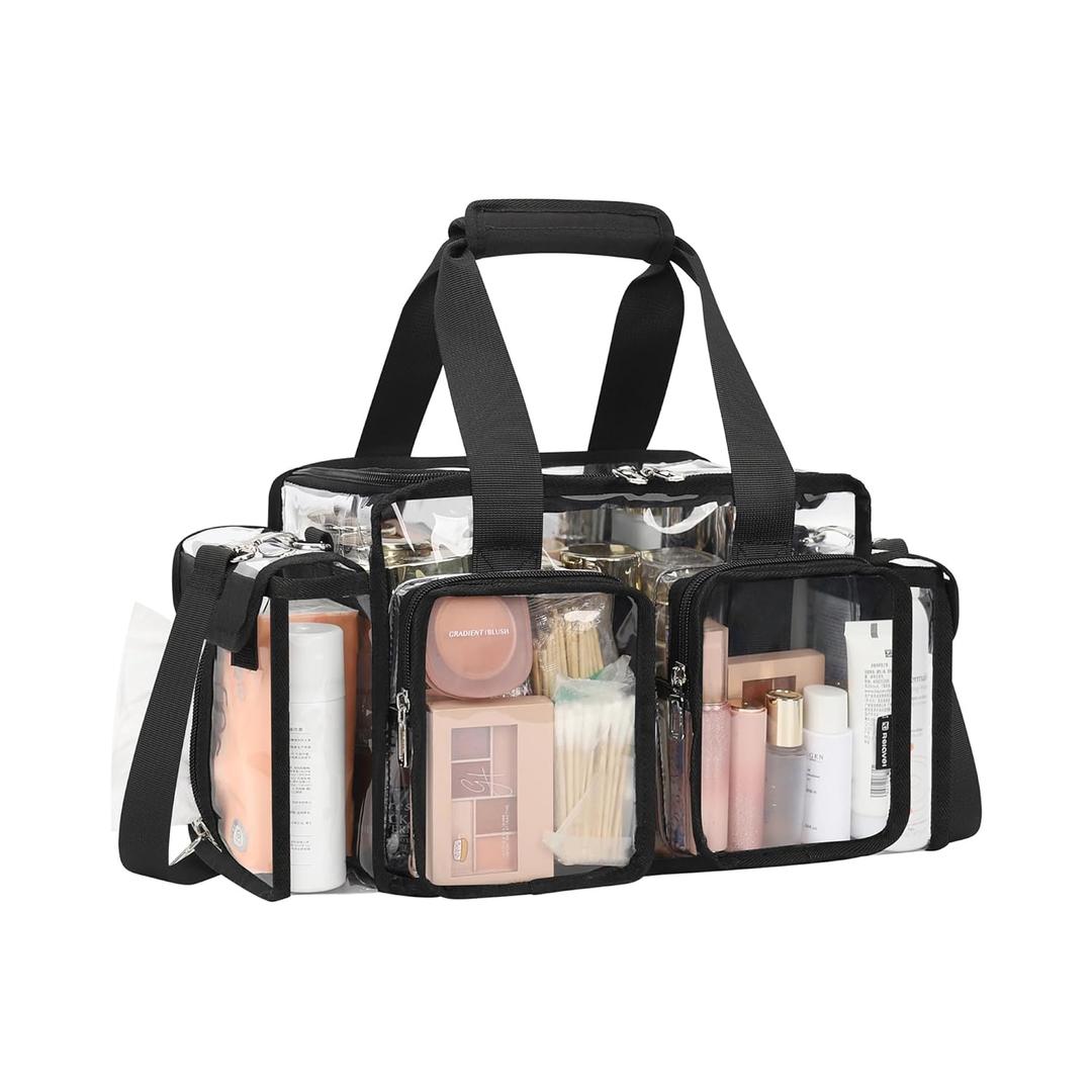 Relavel Clear Makeup Bag Professional Makeup Artist Kit Set Travel Cosmetic Organizer Case Transparent Stadium Approved Tote Bag Toiletry Lunch Duffle Work Shoulder Bag with Adjustable Dividers, Black
