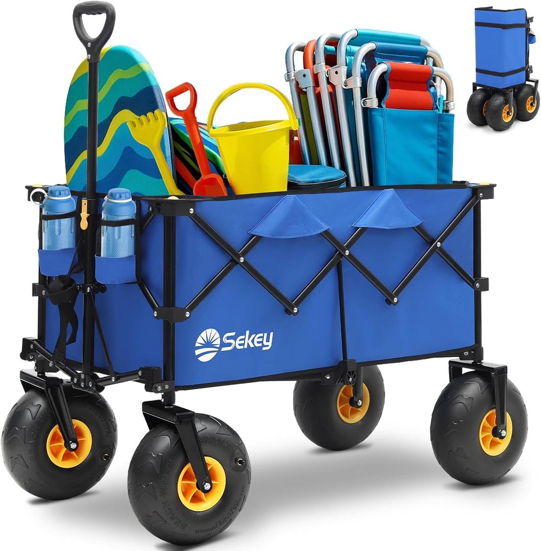 Heavy Duty Beach Wagon with 9" Big Sand-Proof Wheels  440lb Capacity, Sekey 200L Oversized Foldable Cart | Adjustable Handle & All-Terrain Tires for Sand, Camping, Groceries. Blue&Black