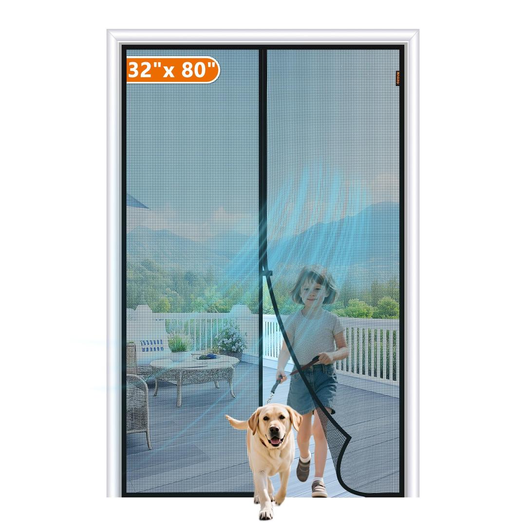 MAGZO Magnetic Screen Door Fit Door Size 32 x 80 Inch, Screen Size 34" x 81" Strong Magnet Door Mesh with Reinforced Hook & Loop for Patio Door, Front Door, Doorway, Black
