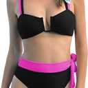 ZAFUL Women's High Waisted Bikini Sets Color Block Two Piece Swimsuit Tummy Control Bathing Suit Swimwear (Black, Small)