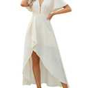 Womens Summer Short Sleeve V Neck Maxi Dress High Low Split Long Flowy Dresses Formal Cocktail Wedding Guest Dresses Beige (S)