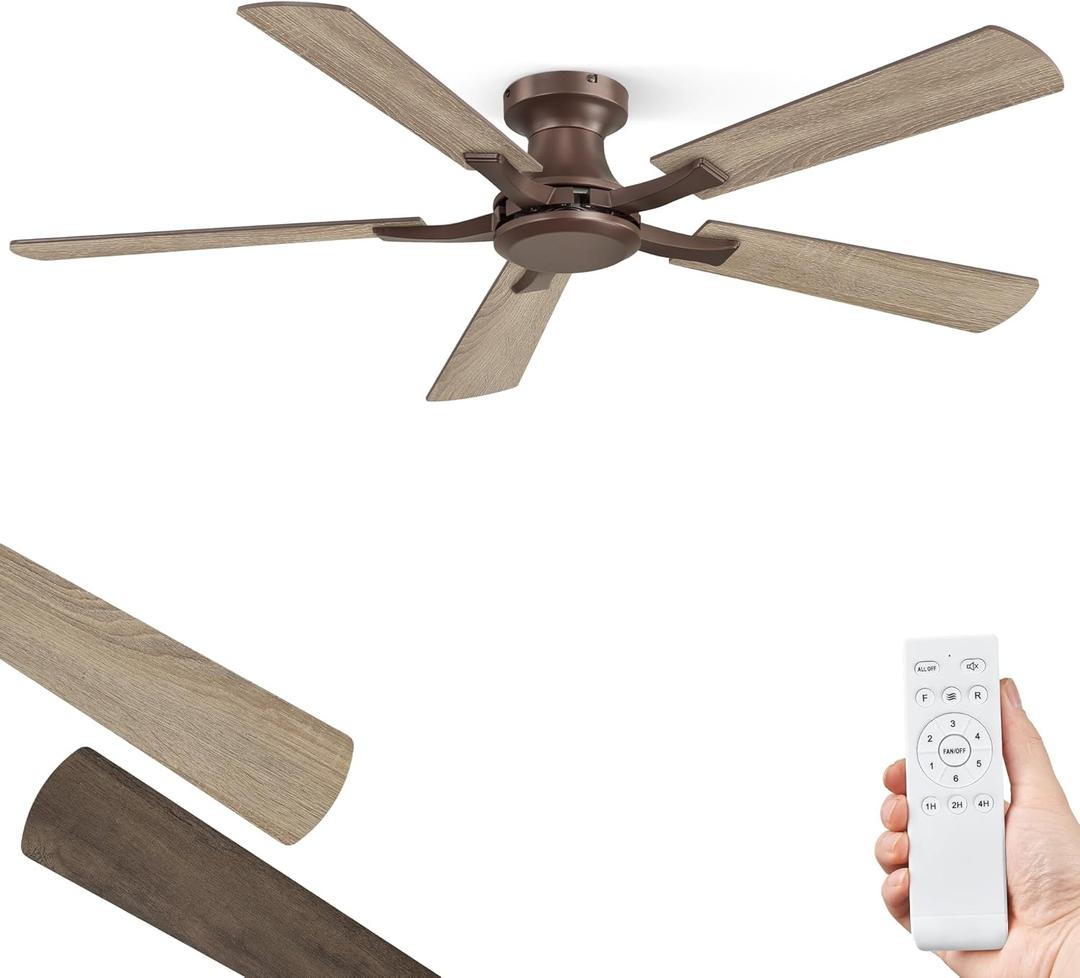 ZMISHIBO 52 Inch Ceiling Fan No Light, Flush Mount Low Profile, Farmhouse Brown Ceiling Fan Without Light, Remote Control & Quiet DC Motor, for Indoor&Outdoor, Bedroom, Living Room