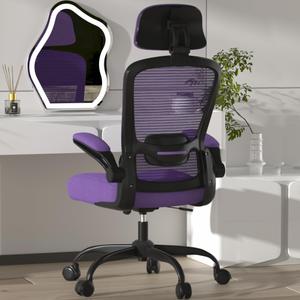 Mimoglad Office Chair, High Back Ergonomic Desk Chair with Adjustable Lumbar Support and Headrest, with flip-up Armrests for Guitar Playing, Modern, Dark Purple, Black Frame