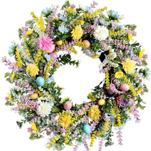 20 Inch Easter Wreath for Front Door Spring Wreath Easter Egg Wreath with Colorful Eggs Hydrangea Daisies Eucalyptus Leaves for Easter Decorations Holiday Wall Home Window Decor (Purple, Large)