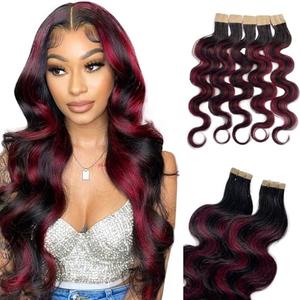Burgundy Tape in Hair Extensions Human Hair - Body Wave Ombre Highlight Off Black to Black With Wine Red #1B/99J - 100% Real Human Hair Full Head