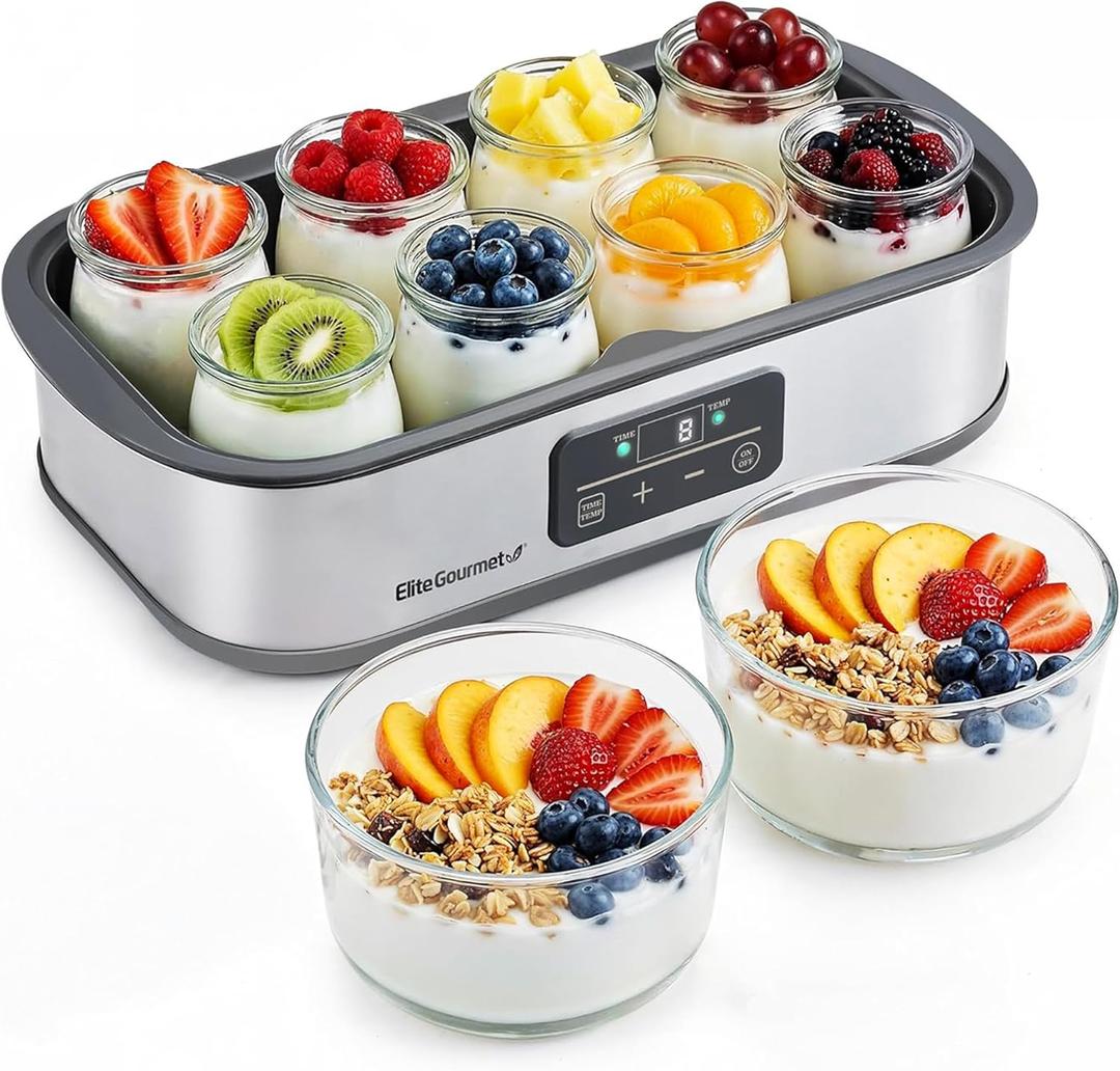 Elite Gourmet ProBioticPRO Digital Yogurt Maker, Programmable Temp & Time Control (68127F), Includes 8 Glass Jars (6 oz) + 2 Large 1-Qt Bowls, Stainless Steel, Auto Shut-Off
