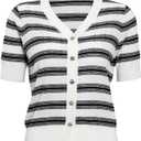 Womens Silk Button Down Shirt V-Neck Short Sleeve Lightweight Knit Cardigan Tops (White, M)