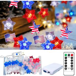 4th of July Independence Day Decorative Lights, Red White Blue 50 LED 16 FT Star-Shaped Patriotic Lights, USB Plug and Battery Powered Indoor-Outdoor Party Party (1 Pack)