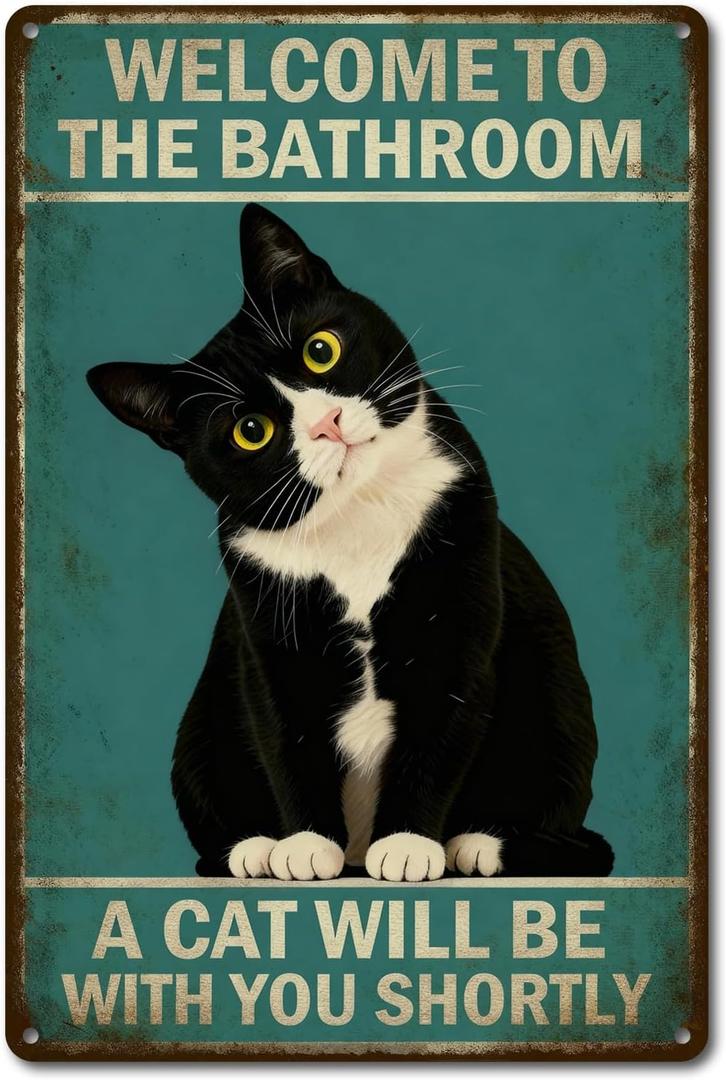 4 x Funny Cat Bathroom Sign for Cat Lovers - "A Cat Will Be With You Shortly" Vintage Wall Art, Unique Gift 8x12 Inch (2908)