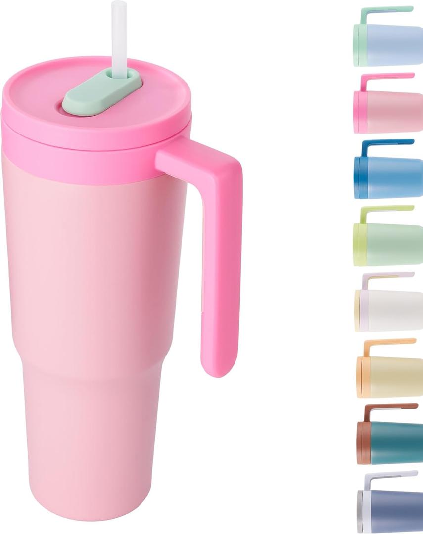 40 oz Tumbler with Handle and Straw, Triple Layer Insulated Stainless Steel Water Bottle with Infuser, Travel Tumbler Fit Most Cupholder, Gifts for Women & Men, Pink