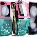 Designed for Samsung Galaxy Z Flip 6 Case, Glitter Floating Liquid Cute Phone Case with [Screen Protector Tempered Glass][Camera Lens Protector][Diamond Wrist Strap Lanyard] Pink/Aqua