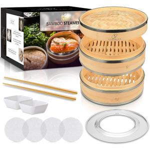 Bamboo Steamer Basket Set Chinese Cuisine 10-inch 2 Tiers Vegetable Steaming Basket for Cooking with Chopsticks, Sauce Dishes, and Reusable Liners - Dumpling Steamer Baskets