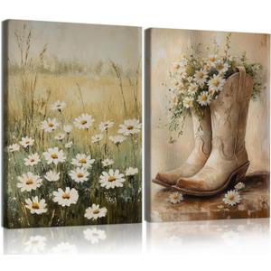 NCCXNCC 2pcs Daisy Field and Country Boots Canvas Wall Art Vintage Farmhouse Style Artwork Painting Floral Cowboy Boots Poster Print Suitable for Living Room Bedroom Kitchen Home Decor 12 x 16inch