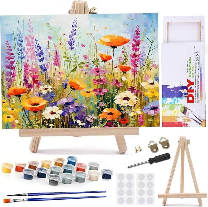 MaiMMaledy Paint by Numbers Kit for Adults Beginners Canvas Pictures with Framed Drawing Painting Acrylic Pigment with Wooden Triangle Easel Pink Flowers 50cmx40cm 