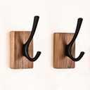 2 Pack Walnut Wood Wall Coat Hooks for Hanging, Adhesive Mounted & Wall Mount Heavy Duty Decorative Wooden Double Hook hanger for Towel Backpack Hat Jacket Clothes Blanket Purse Closet Robe Key