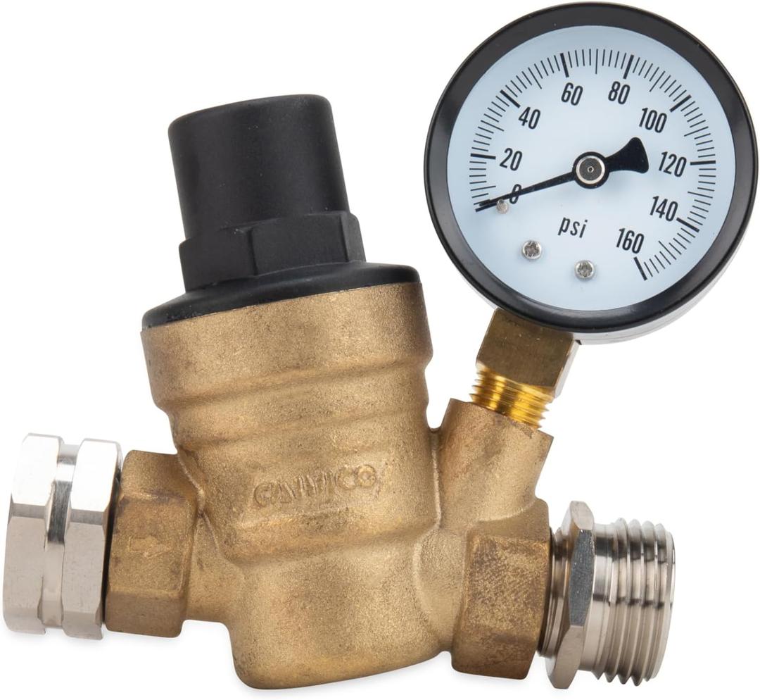 Camco Adjustable RV/Marine Brass Water Pressure Regulator | Help Stop Damage to RV/Marine Appliances, Plumbing Fixtures, and Hoses | Features Standard Garden Hose Threads for Simple Hookup 