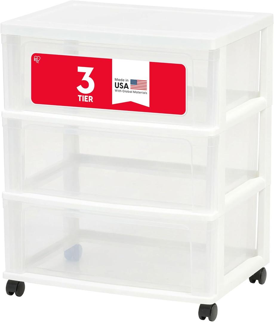 IRIS USA Plastic Drawer Storage Organizer Rolling Cart, with Wheels Casters, 3-Drawers, for Art Craft Supplies Bathroom Dorm Bedroom Laundry Room, Wide, White