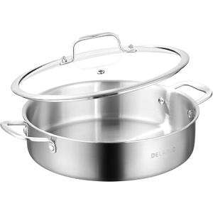 DELARLO Tri-Ply Stainless Steel 7QT Saute Pan With Lid, 12 Inch Deep Frying Pan, Induction Large Skillet, Cooker Pan for Chefs, Dishwasher & Oven Safe