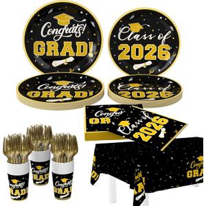Tbsone Class of 2026 Graduation Plates and Napkins Set Black and Gold Disposable Tableware for 25 Guests, Includes Plates, Napkins, Cups, Forks and Tablecloth Party Decorations Supplies (126 PCS)