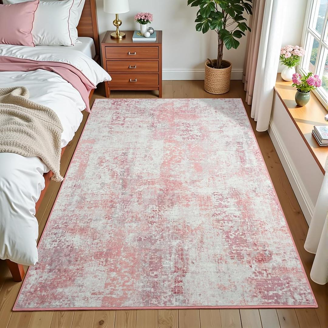 3x5 Pink Washable Area Rug for Living Room Bedroom, Modern Abstract Non-Slip Rugs, Low Pile Soft Stain Resistant Carpet for Dining Room, Kitchen, Office, Dorm, Bedside Decor