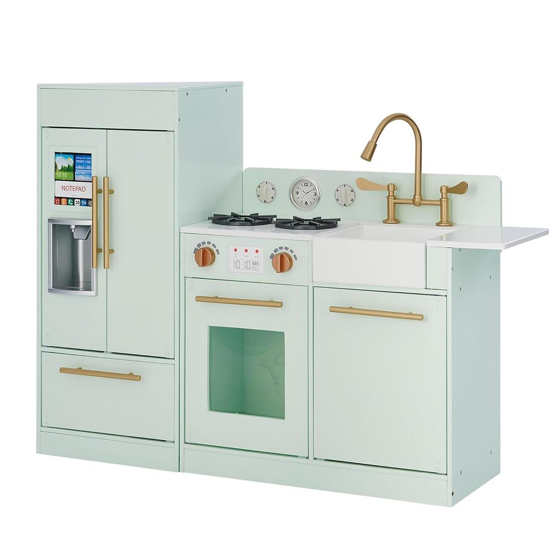 Teamson Kids Little Chef Charlotte Kids Play Kitchen, Wooden Kitchen Playset for Toddlers with Accessories, Pretend Ice Maker, Modular Design, & Storage Space, Mint/Gold, Gift for Ages 3+