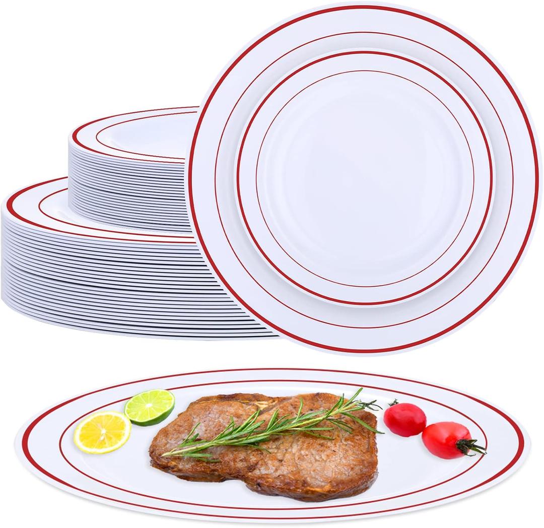 Patelai Set of 50 Plastic Plates with Rim 10.25", 7.5" Disposable Dinnerware Set for 25 Guests Heavy Duty Disposable Dinner Plates for Party Wedding Graduation Christmas(Red Rim)